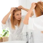 woman looking at hair thinning in the mirror